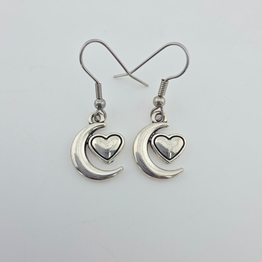 Vintage Crescent Moon Heart Earrings Engraved Puffy Heart Silver Plate